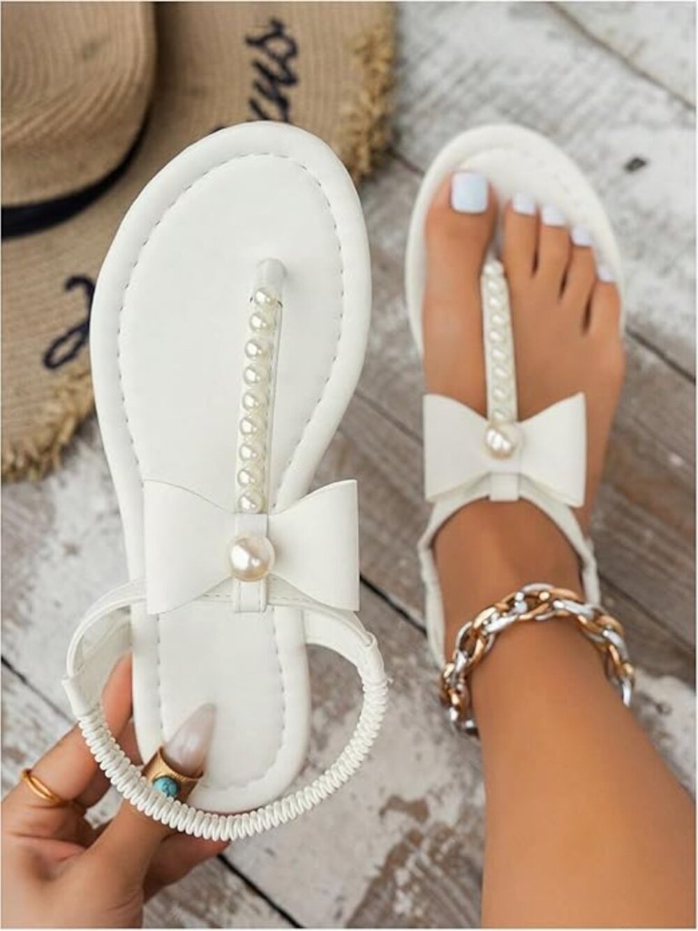 Pearl Beaded T Strap Thong Sandals
